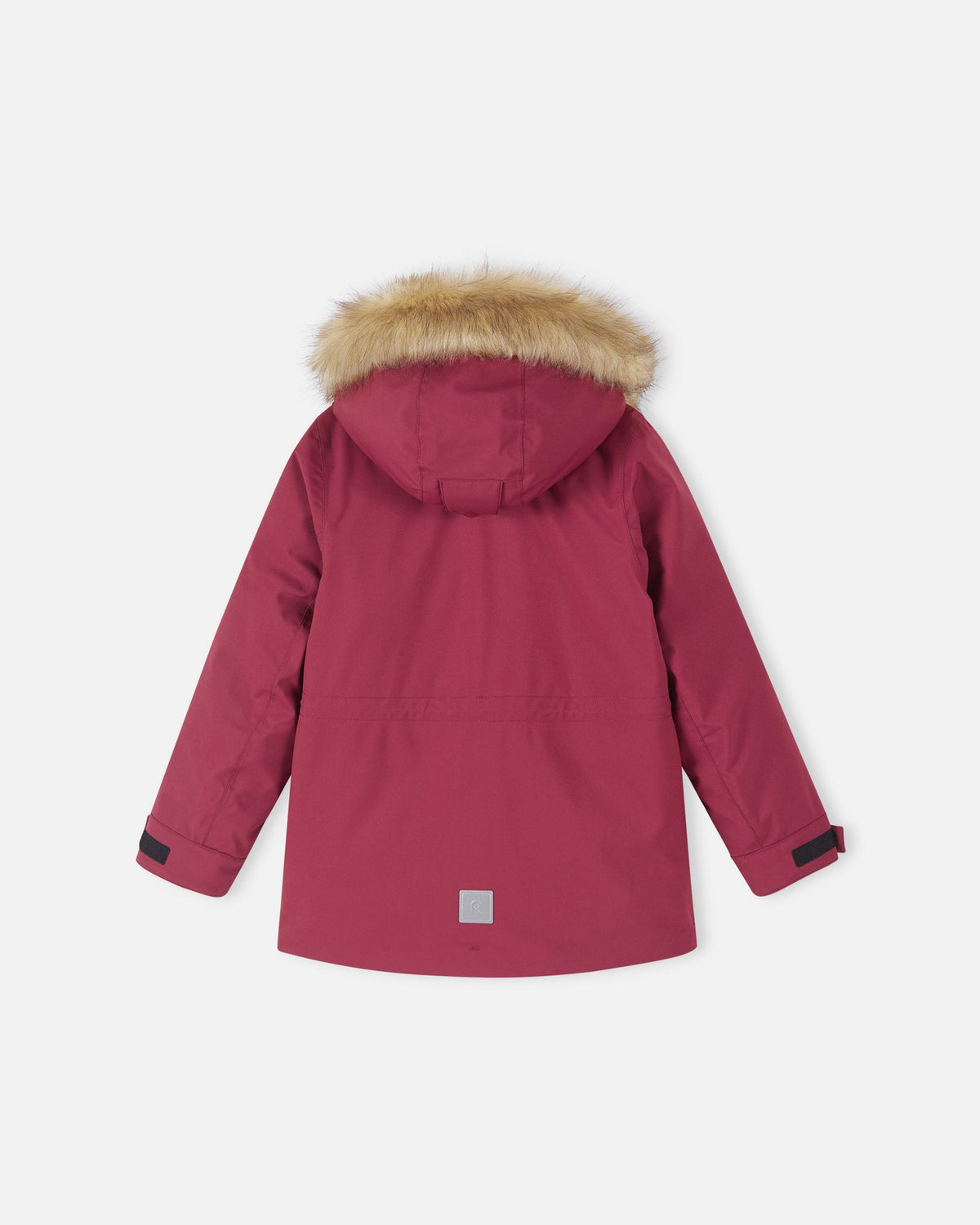 The full back view of the maroon Reima Serkkula kids' Reimatec parka jacket on a plain light background, showcasing the jacket structure and the raised insulated hood with faux fur trim.