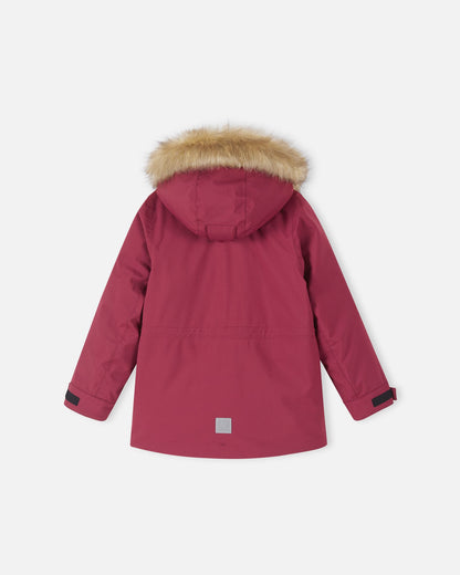 The full back view of the maroon Reima Serkkula kids' Reimatec parka jacket on a plain light background, showcasing the jacket structure and the raised insulated hood with faux fur trim.