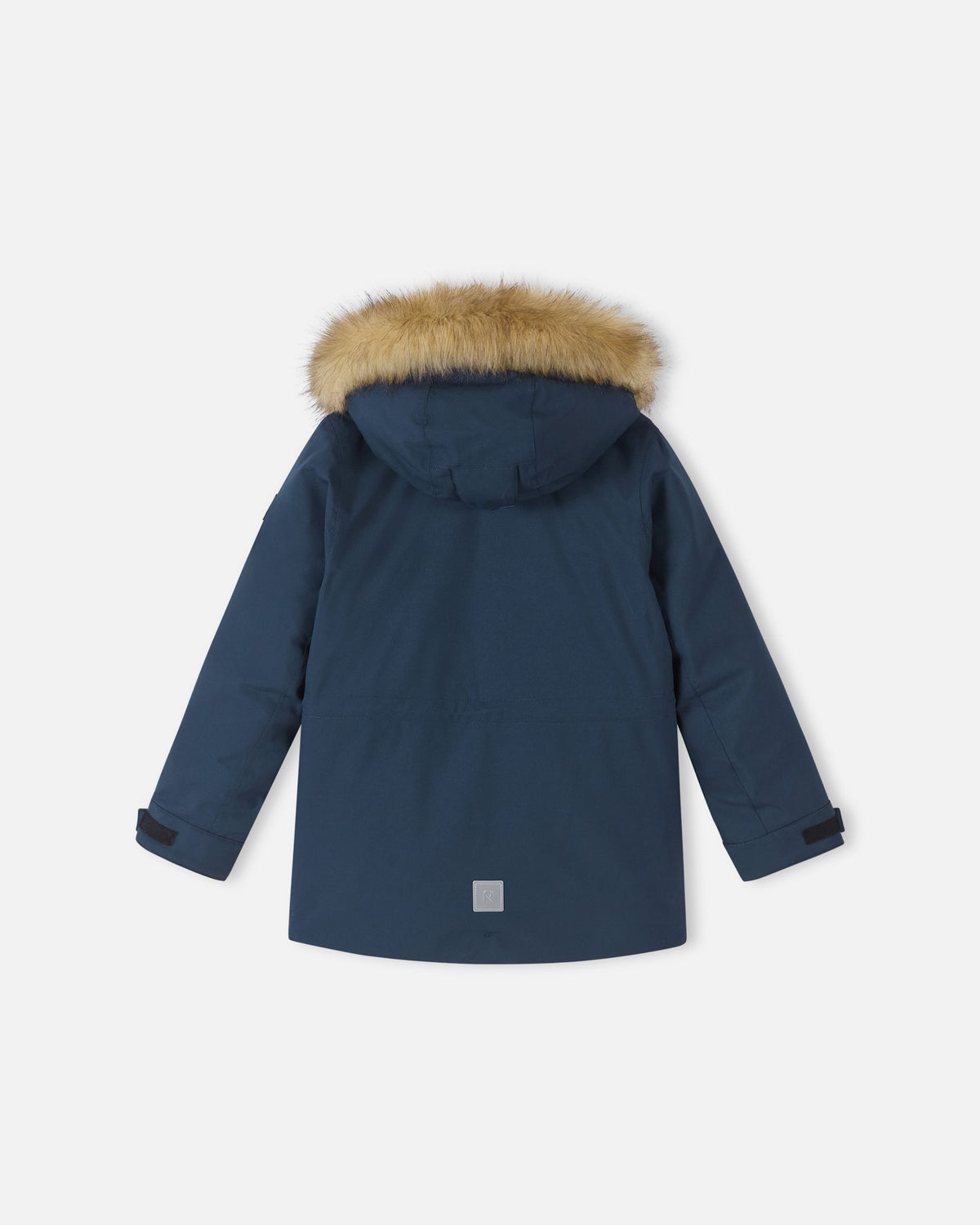 Back view of the navy blue Reima Serkkula kids' down parka, showing the raised faux-fur trimmed hood and lower hem reflective safety patch.