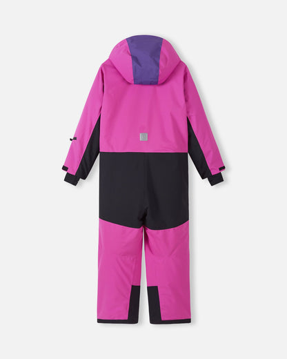 Back view of the Reima Skaulo girls ski suit in fuchsia, highlighting the protective, heavy-duty black reinforcement on the seat and lower legs designed for active snow play.