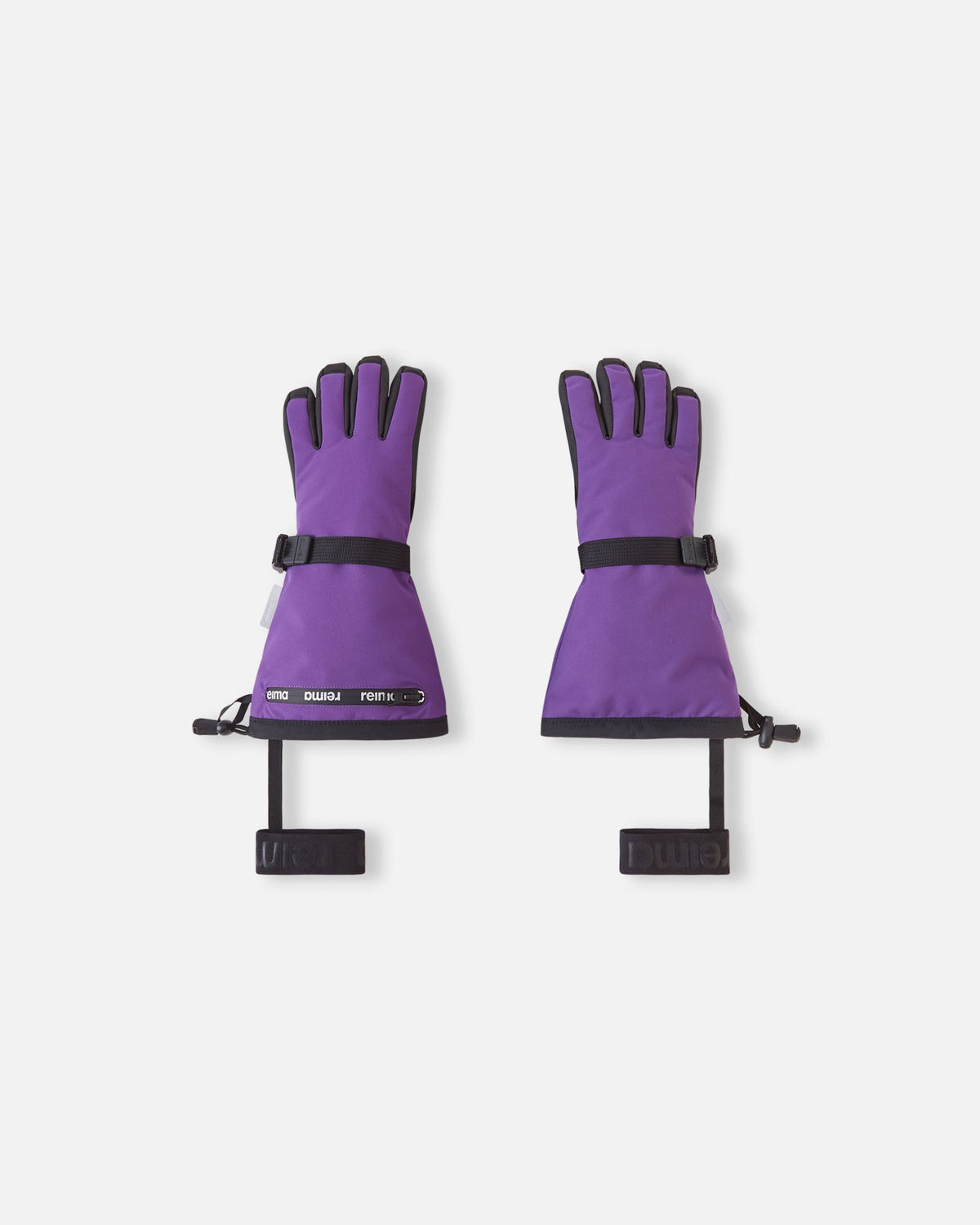 Flat lay view of the backs of the plum purple Reima Skimba kids' ski gloves, featuring an extra-long snow-blocking cuff, an adjustable wrist strap for a secure fit, and elastic safety wrist leashes.