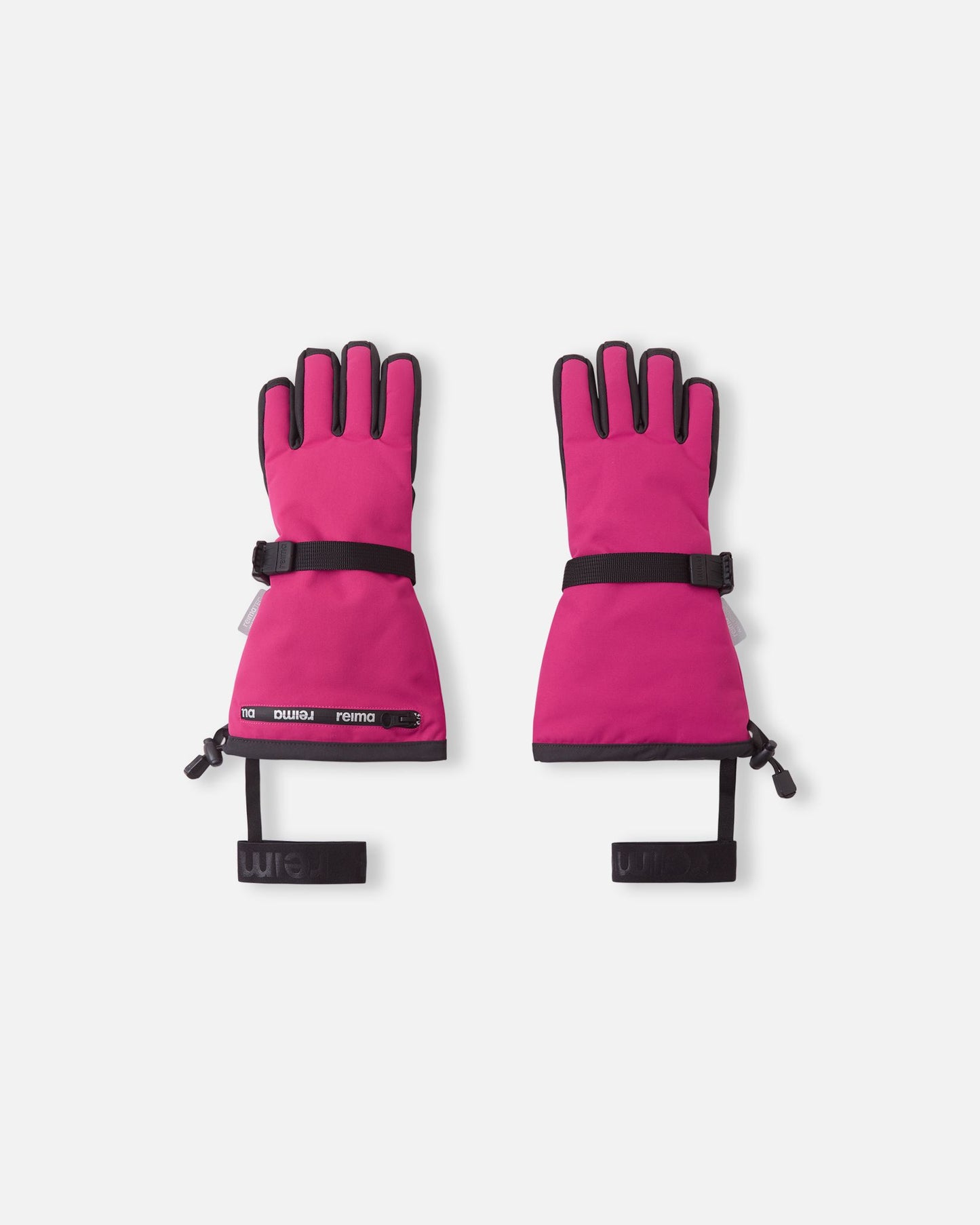 Flat lay view of the backs of the rosy berry pink Reima Skimba kids' ski gloves, featuring an extra-long gauntlet cuff, an adjustable wrist strap for a secure fit, and elastic safety wrist leashes.