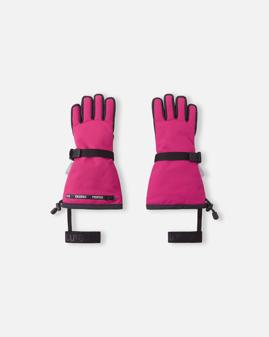 Flat lay view of the backs of the rosy berry pink Reima Skimba kids' ski gloves, featuring an extra-long gauntlet cuff, an adjustable wrist strap for a secure fit, and elastic safety wrist leashes.