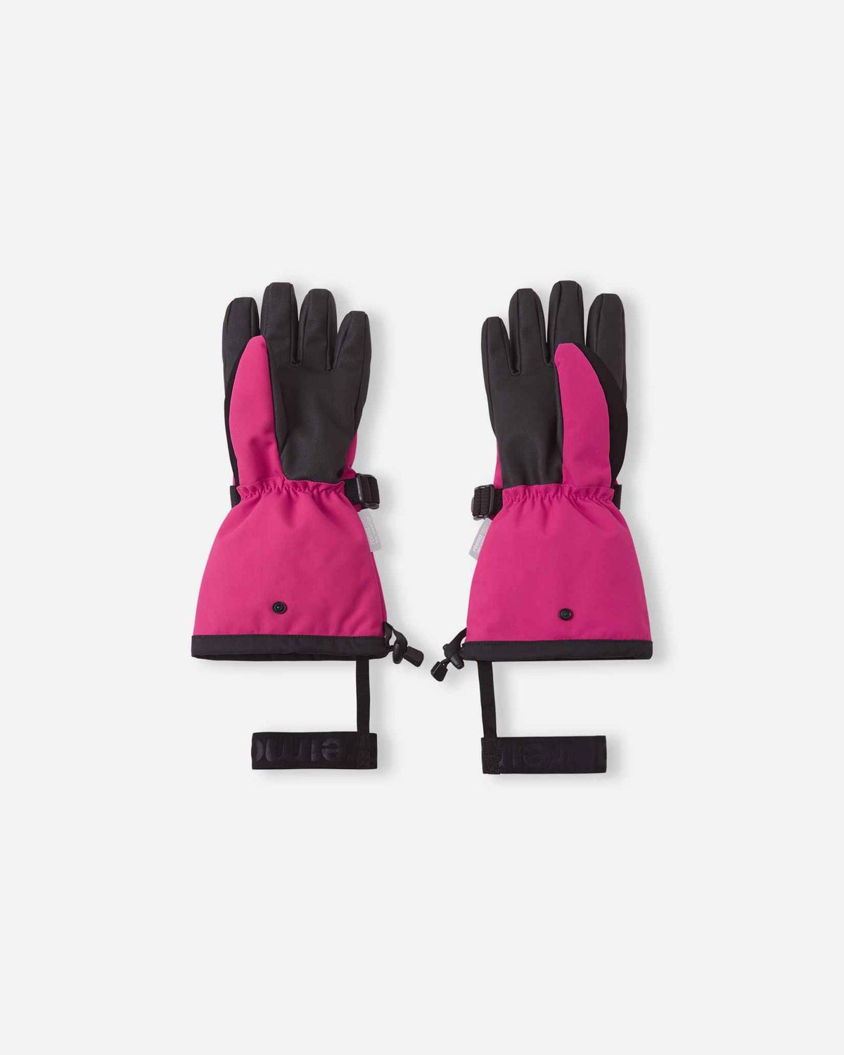 Flat lay view of the palms of the rosy berry pink Reima Skimba kids' ski gloves, showcasing the durable black reinforced gripping surface on the fingers and palms.