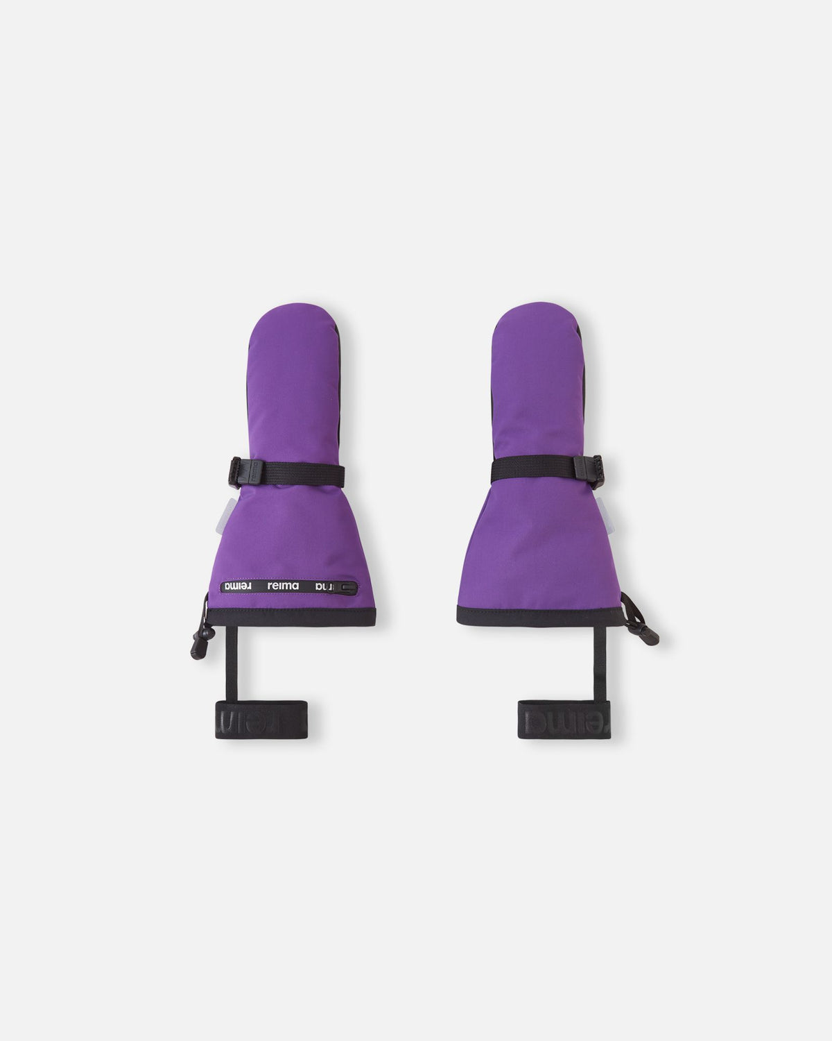 Flat lay view of the backs of the plum purple Reima Snoukka kids' ski mittens. The image highlights the extra-long snow-blocking cuffs, adjustable wrist straps for a secure fit, a water-resistant zippered ski pass pocket on the left mitten, and attached elastic safety wrist leashes to prevent them from dropping off the chairlift.