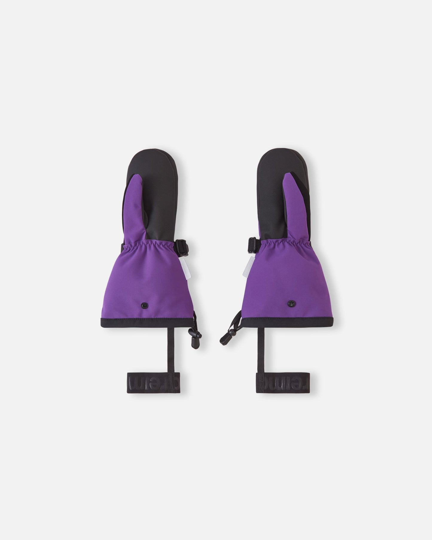 Flat lay view of the palms of the plum purple Reima Snoukka kids' ski mittens, showcasing the durable black reinforced gripping surface on the palms and thumbs, alongside adjustable wrist straps and elastic safety wrist leashes.