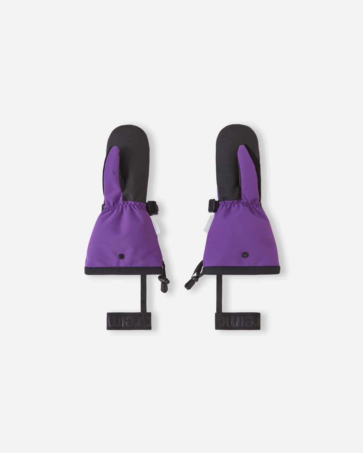 Flat lay view of the palms of the plum purple Reima Snoukka kids' ski mittens, showcasing the durable black reinforced gripping surface on the palms and thumbs, alongside adjustable wrist straps and elastic safety wrist leashes.
