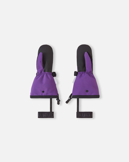 Flat lay view of the palms of the plum purple Reima Snoukka kids' ski mittens, showcasing the durable black reinforced gripping surface on the palms and thumbs, alongside adjustable wrist straps and elastic safety wrist leashes.