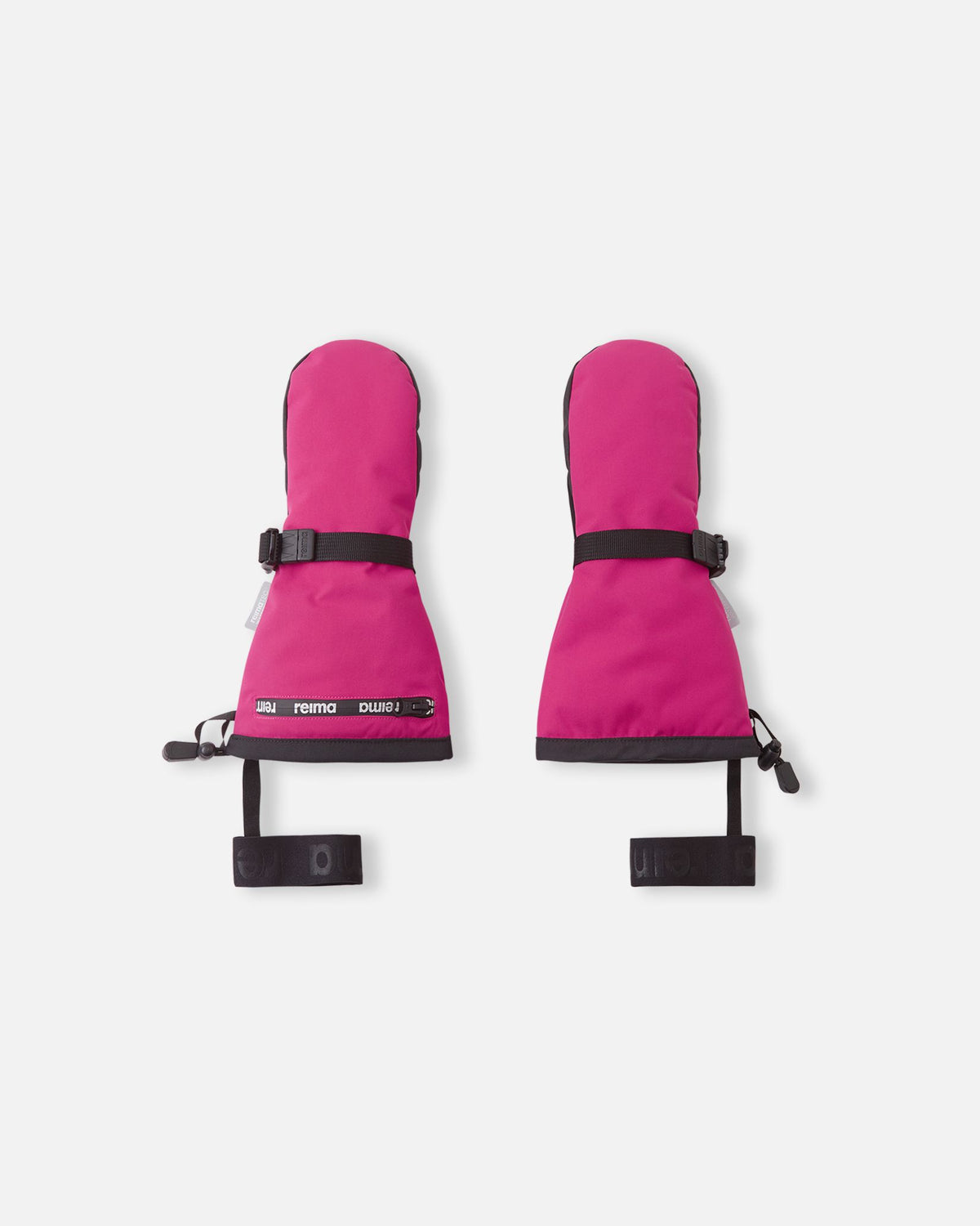 Flat lay view of the backs of the rosy berry pink Reima Snoukka kids' ski mittens, featuring an extra-long gauntlet cuff, an adjustable wrist strap for a secure fit, and elastic safety wrist leashes.