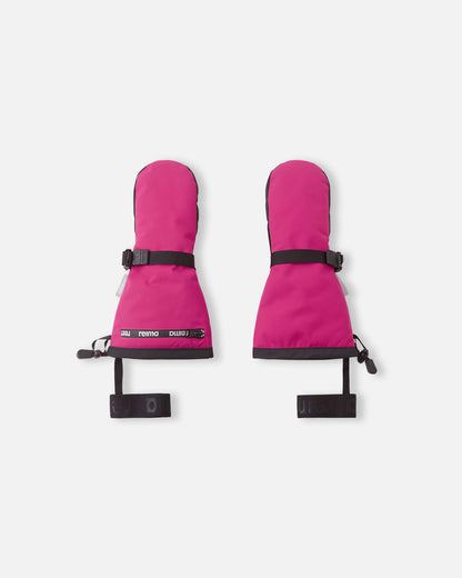 Flat lay view of the backs of the rosy berry pink Reima Snoukka kids' ski mittens, featuring an extra-long gauntlet cuff, an adjustable wrist strap for a secure fit, and elastic safety wrist leashes.