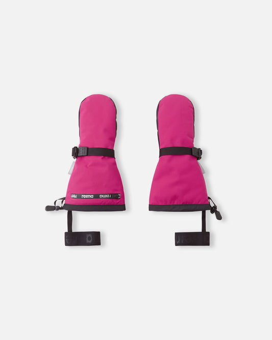 Flat lay view of the backs of the rosy berry pink Reima Snoukka kids' ski mittens, featuring an extra-long gauntlet cuff, an adjustable wrist strap for a secure fit, and elastic safety wrist leashes.