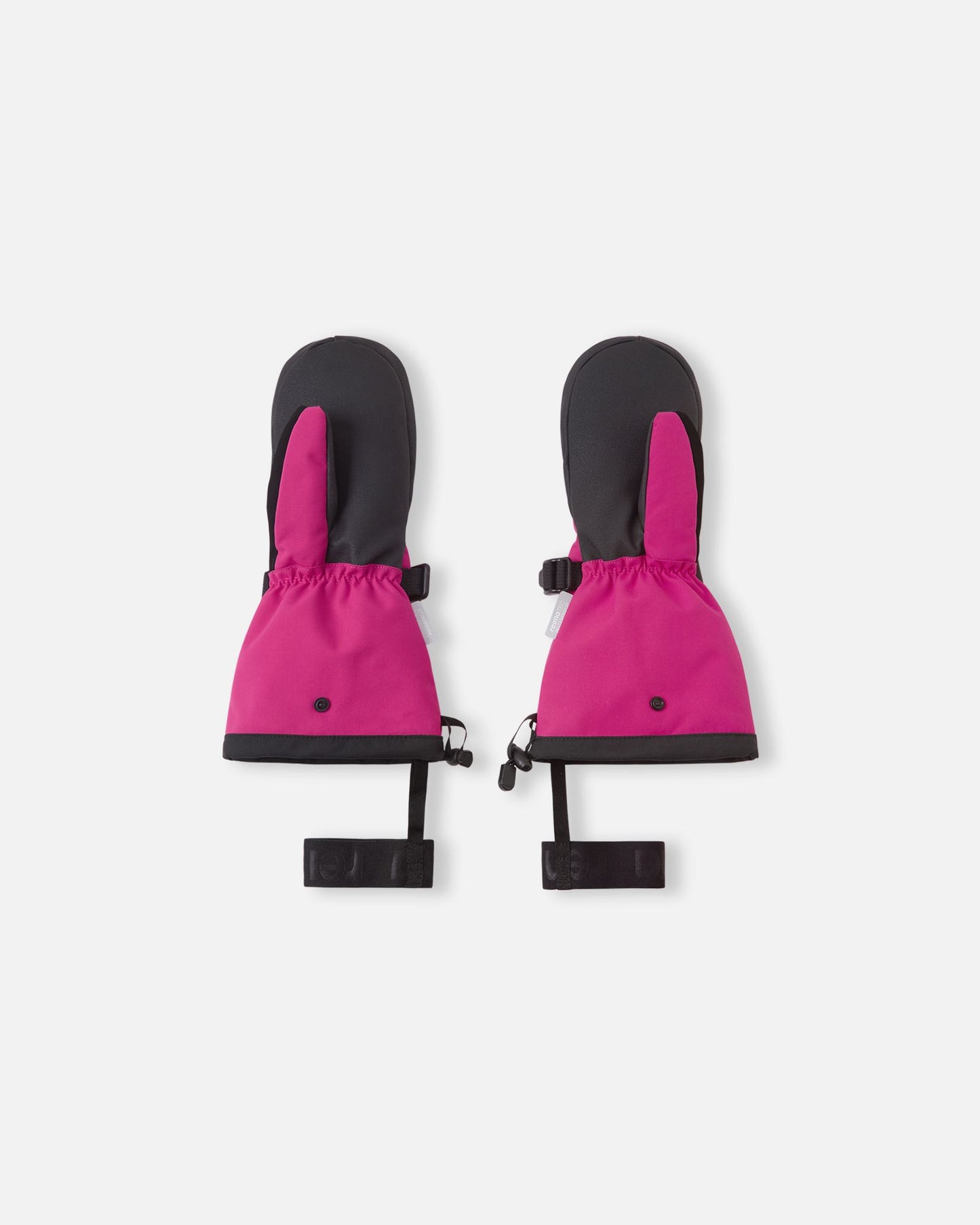 Flat lay view of the palms of the rosy berry pink Reima Snoukka kids' ski mittens, showcasing the durable black reinforced gripping surface on the palms and thumbs.