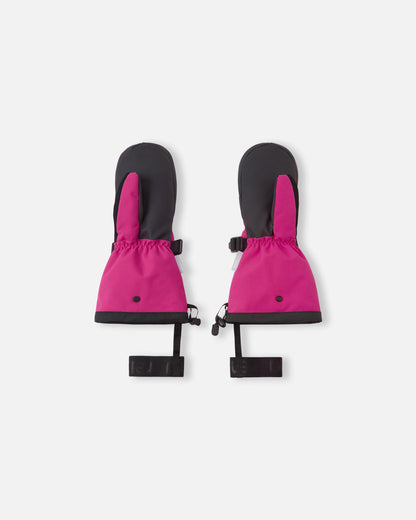 Flat lay view of the palms of the rosy berry pink Reima Snoukka kids' ski mittens, showcasing the durable black reinforced gripping surface on the palms and thumbs.
