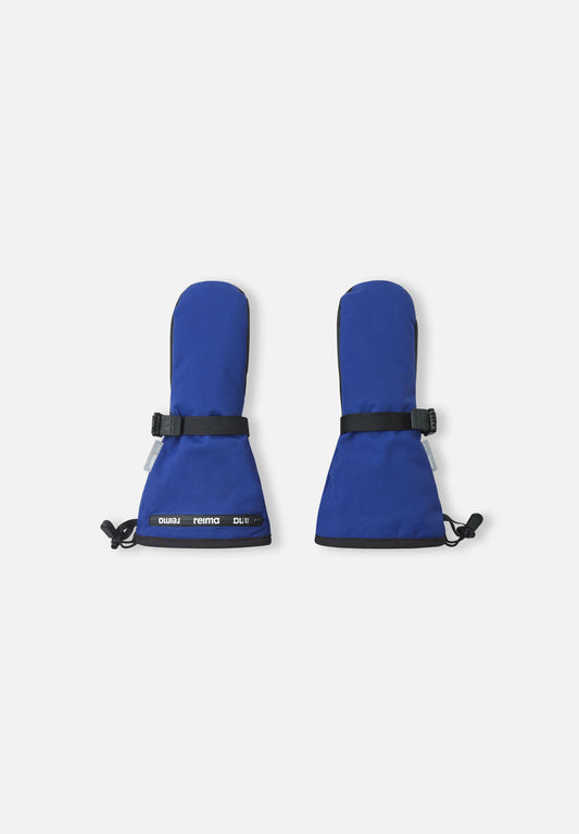 Flat lay view of the backs of the twilight blue Reima Snoukka kids' ski mittens, featuring an extra-long snow-blocking gauntlet cuff, an adjustable wrist strap, and elastic safety wrist leashes.