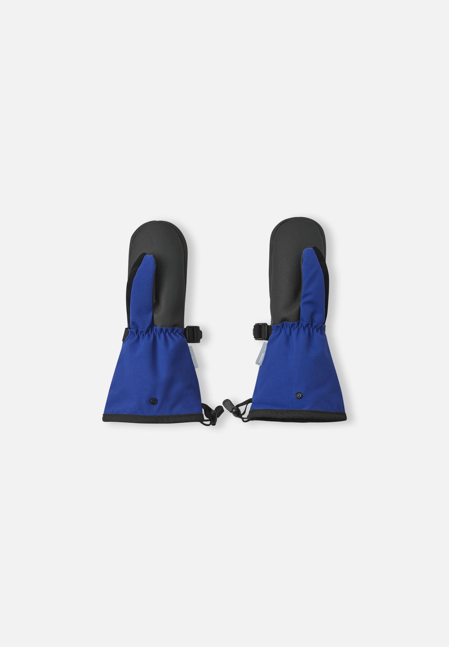 Flat lay view of the palms of the twilight blue Reima Snoukka kids' ski mittens, showcasing the durable black reinforced gripping surface on the palms and thumbs designed for handling ski poles.