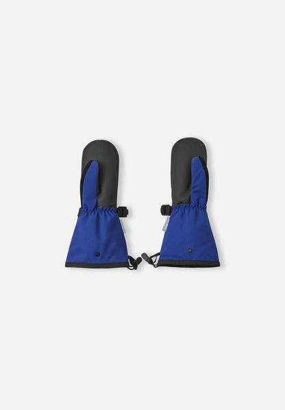 Flat lay view of the palms of the twilight blue Reima Snoukka kids' ski mittens, showcasing the durable black reinforced gripping surface on the palms and thumbs designed for handling ski poles.