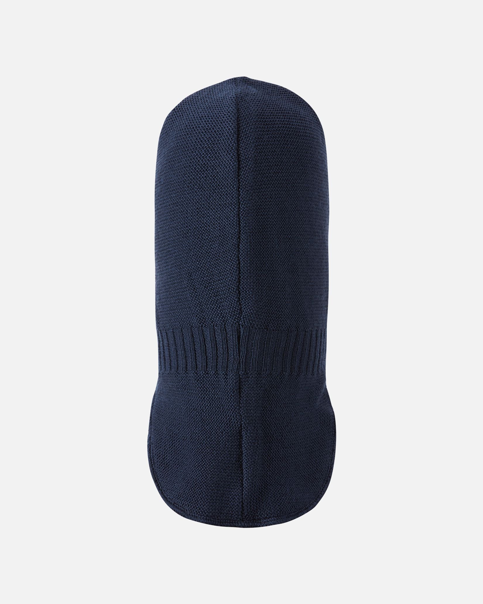 Back flat lay of the Reima Starrie children's thermal winter hood in navy, featuring a seamless merino wool knit construction and an elongated back drape to seal out cold drafts.