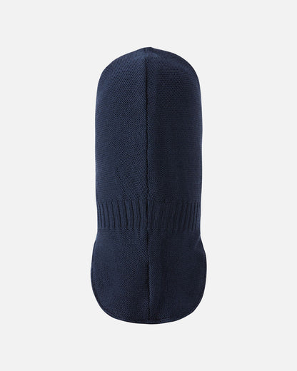 Back flat lay of the Reima Starrie children's thermal winter hood in navy, featuring a seamless merino wool knit construction and an elongated back drape to seal out cold drafts.