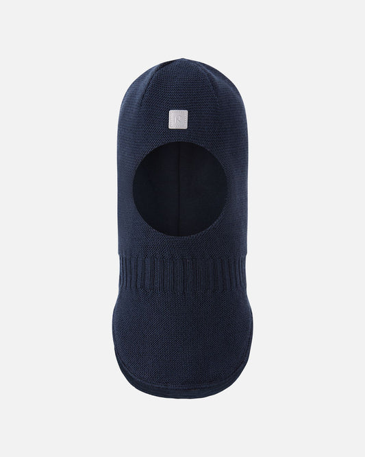 Full front view of the navy blue Reima Starrie toddler merino wool ski mask, showing the soft face opening and extended chest panel for optimal winter thermal protection.
