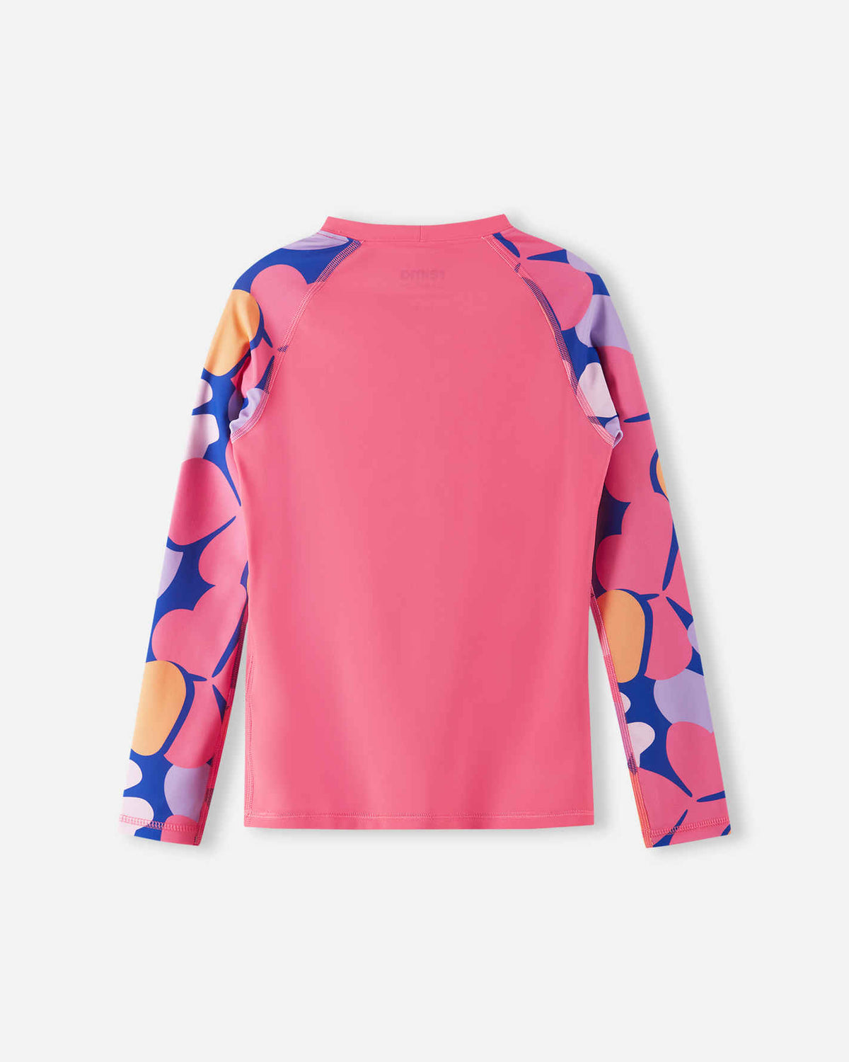 Back view of the soft coral Reima Sukeltaja kids' UPF 50+ swim shirt, highlighting the continuous floral pattern on the sleeves and a comfortable, stretch-fit silhouette designed for long beach days.