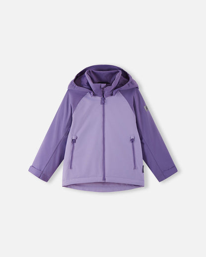 Front view of the Reima Sulkava girls' fall jacket featuring a two-tone blooming lilac design, complete with a full-length zipper, secure zippered pockets, and a protective hood for autumn weather.