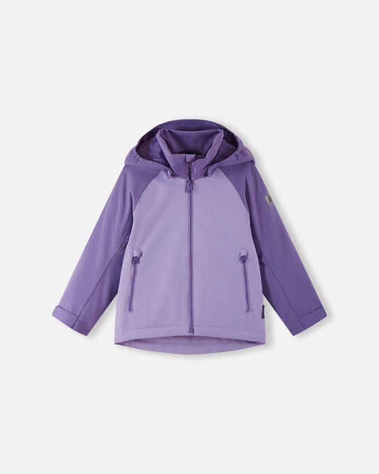 Front view of the Reima Sulkava girls' fall jacket featuring a two-tone blooming lilac design, complete with a full-length zipper, secure zippered pockets, and a protective hood for autumn weather.