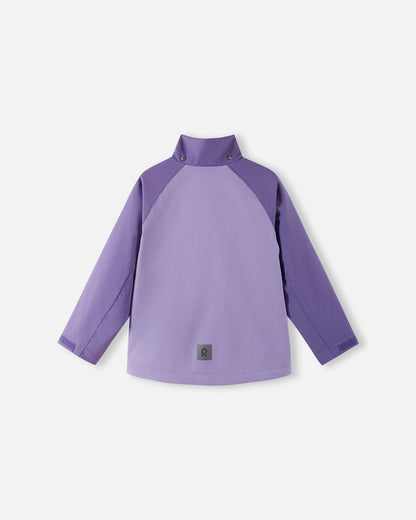 Back view of the two-tone blooming lilac Reima Sulkava girls' fall jacket with the detachable hood removed, revealing a protective high stand collar designed to shield the neck from chilly breezes.