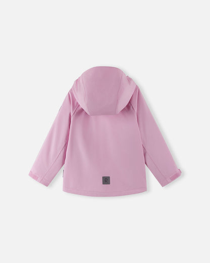 Back view of the Reima Sulkava girls' fall jacket in light heather pink, featuring an attached hood and a reflective safety patch near the bottom hem for high visibility during dark autumn evenings.