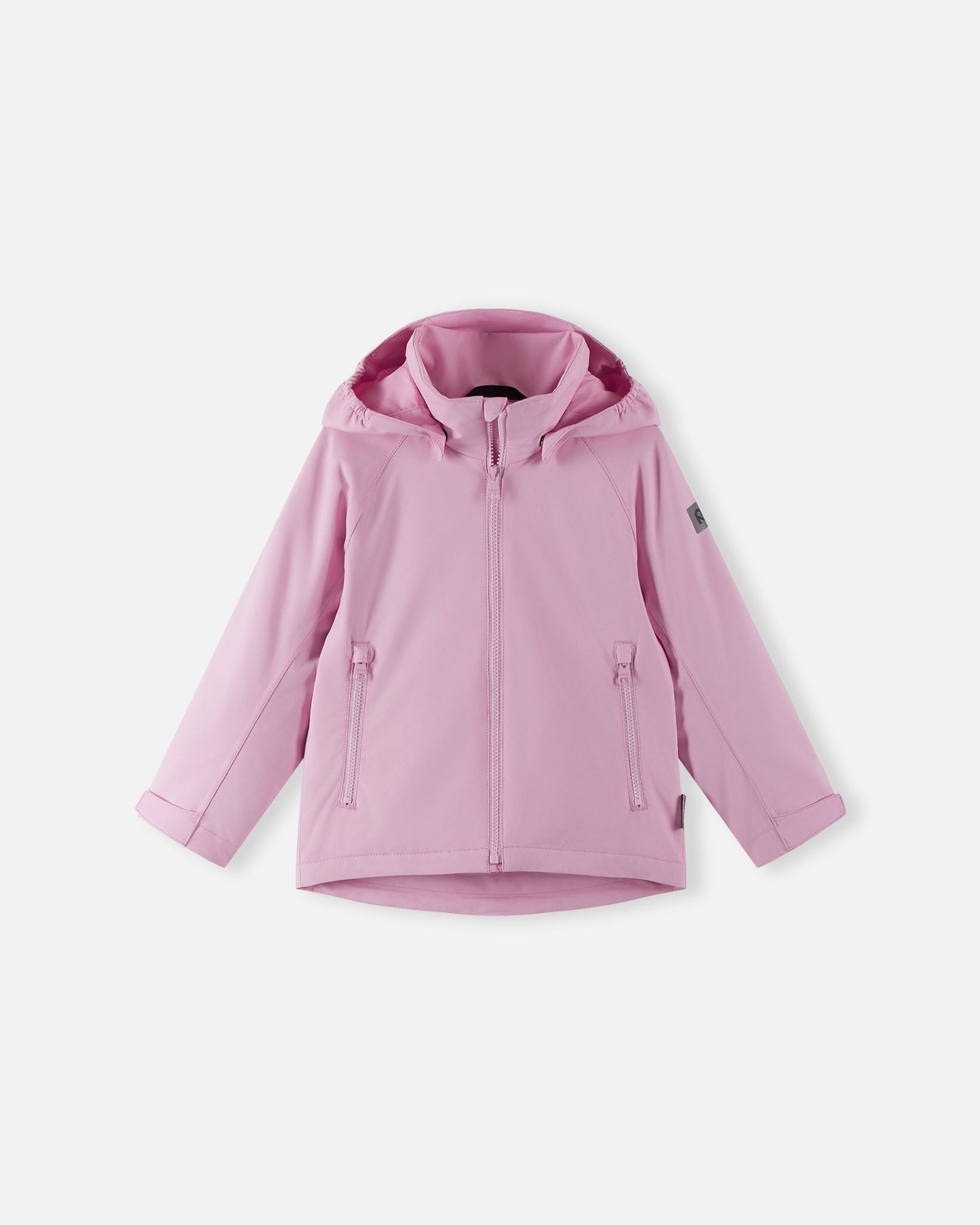 Front view of the Reima Sulkava kids' fall jacket in light heather pink, displaying a full-length front zipper, two secure zippered side pockets, and a protective weather-resistant hood for rainy days.