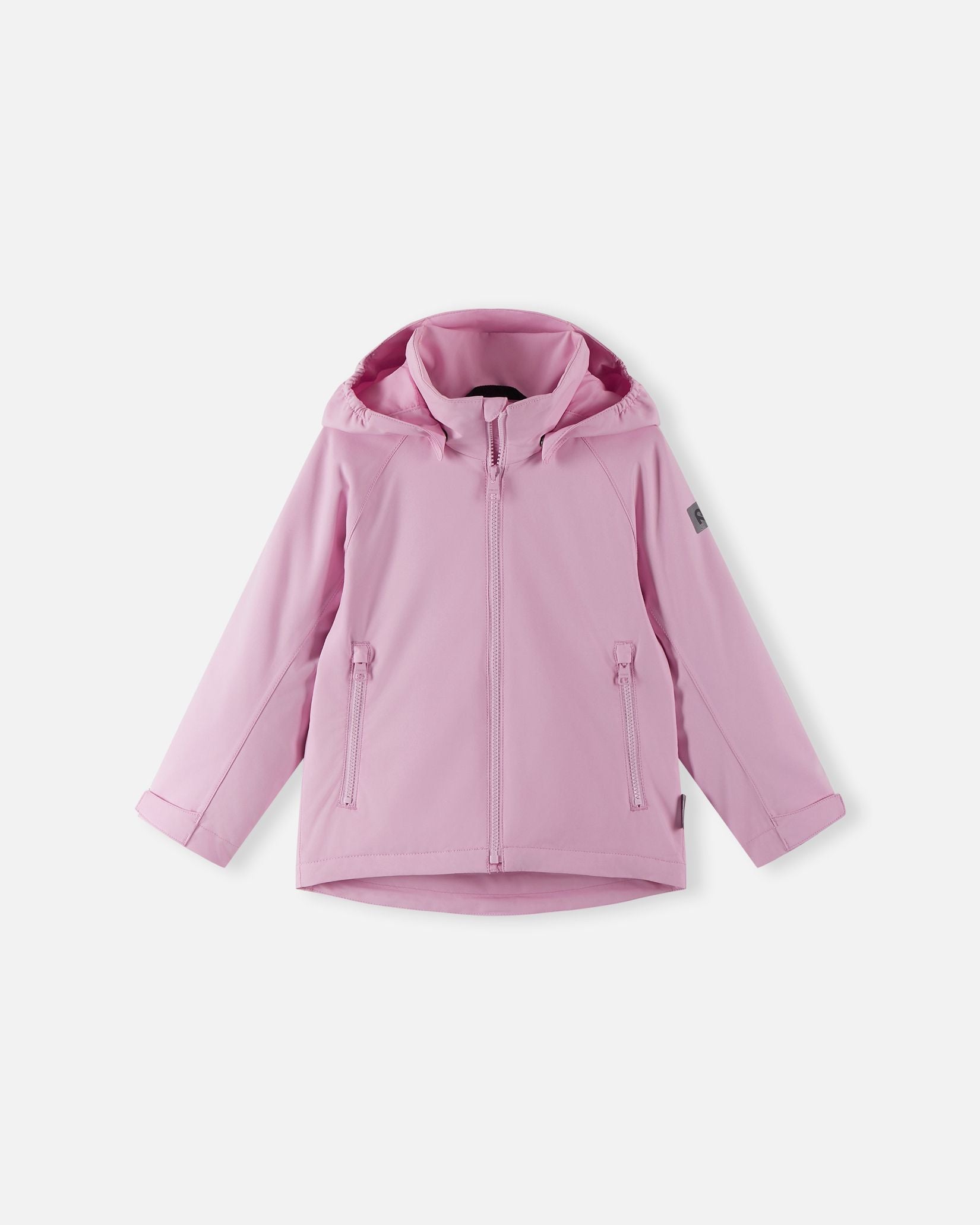 Front view of the Reima Sulkava kids' fall jacket in light heather pink, displaying a full-length front zipper, two secure zippered side pockets, and a protective weather-resistant hood for rainy days.