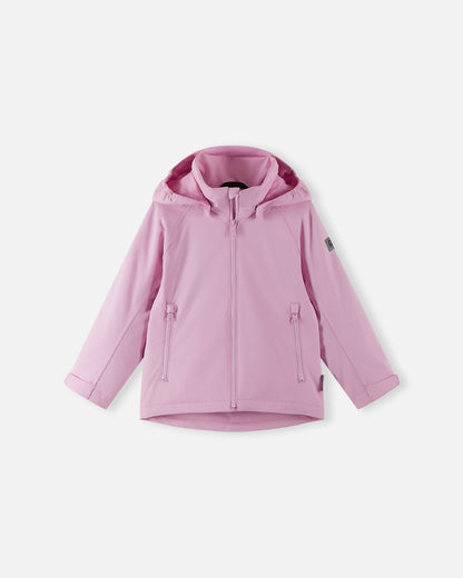 Front view of the Reima Sulkava kids' fall jacket in light heather pink, displaying a full-length front zipper, two secure zippered side pockets, and a protective weather-resistant hood for rainy days.