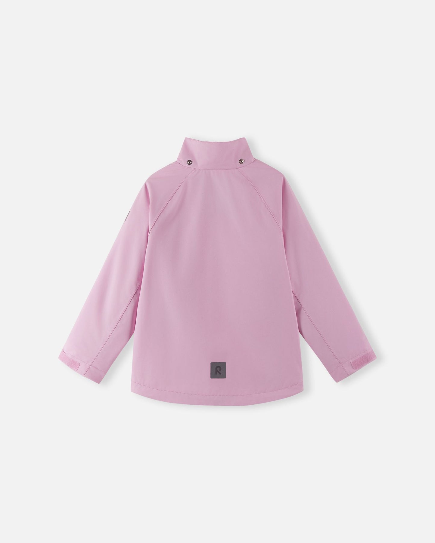 Back view of the light heather pink Reima Sulkava girls' fall jacket with the detachable hood removed, showcasing the protective high stand collar designed to shield the neck from cold winds.