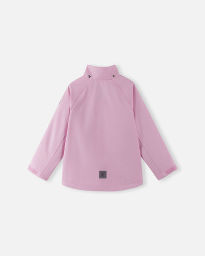 Back view of the light heather pink Reima Sulkava girls' fall jacket with the detachable hood removed, showcasing the protective high stand collar designed to shield the neck from cold winds.