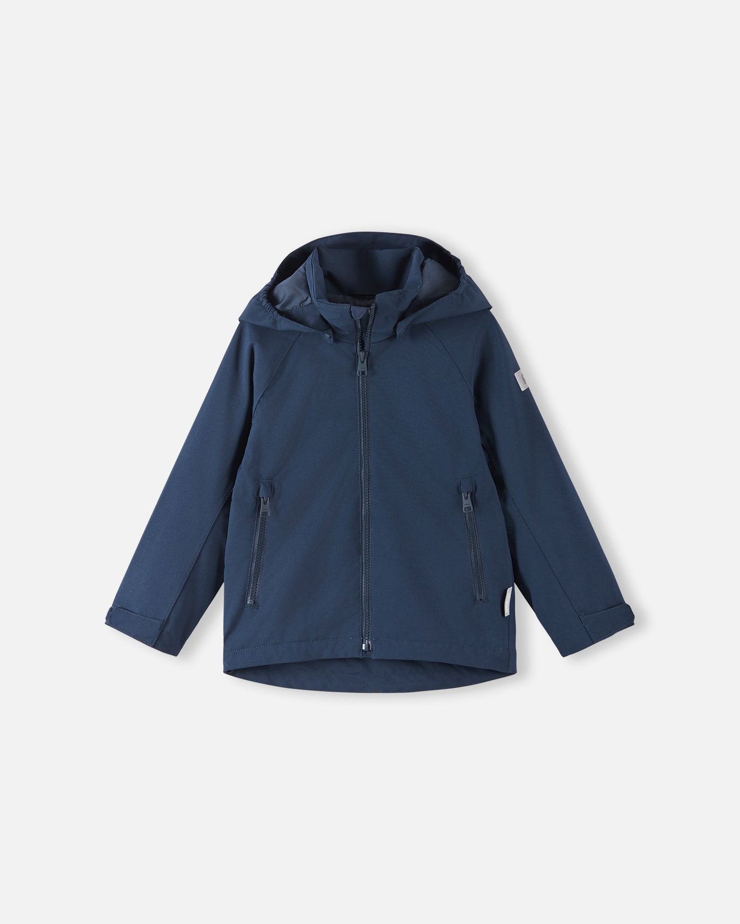 Front view of the Reima Sulkava kids' fall jacket in solid navy blue, featuring a full-length front zipper, two zippered side pockets, adjustable velcro sleeve cuffs, and a protective weather hood for autumn rain and wind.