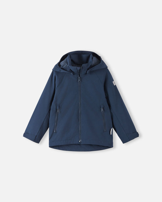 Front view of the Reima Sulkava kids' fall jacket in solid navy blue, featuring a full-length front zipper, two zippered side pockets, adjustable velcro sleeve cuffs, and a protective weather hood for autumn rain and wind.