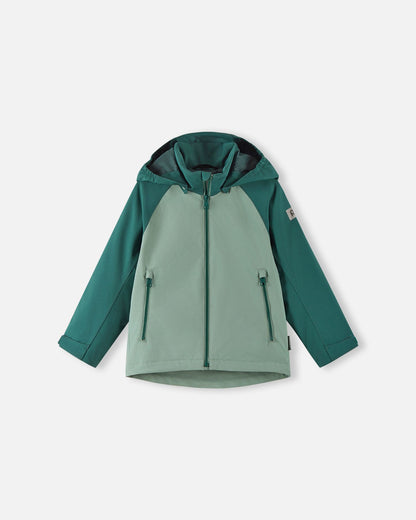 Front view of the Reima Sulkava kids' fall jacket featuring a color-block design in light and dark stone green, equipped with a full-length zipper, two side pockets, and a protective weather hood.
