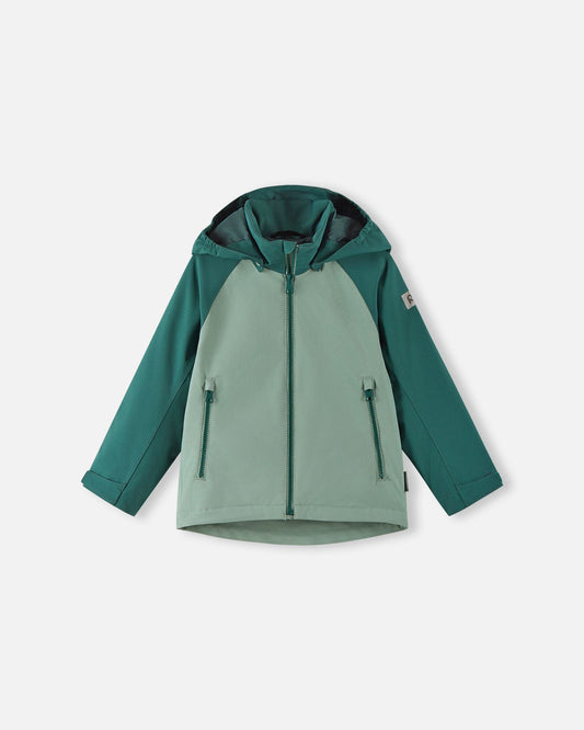 Front view of the Reima Sulkava kids' fall jacket featuring a color-block design in light and dark stone green, equipped with a full-length zipper, two side pockets, and a protective weather hood.