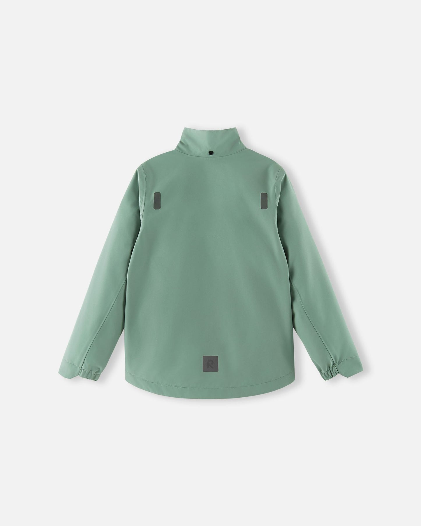 Back view of the Reima Suojala kids' shell jacket in stone green with the detachable hood removed, highlighting the protective stand-up collar and clean, functional outdoor silhouette.