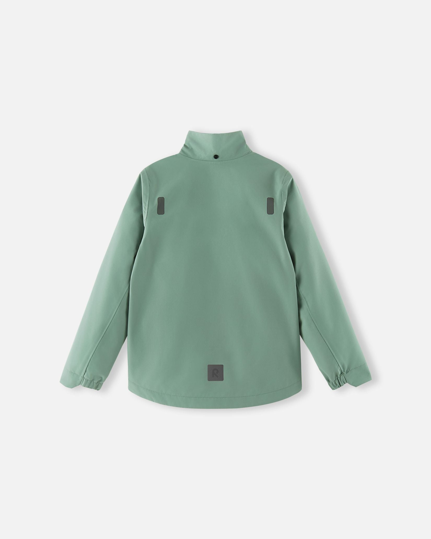 Back view of the Reima Suojala kids' shell jacket in stone green with the detachable hood removed, highlighting the protective stand-up collar and clean, functional outdoor silhouette.