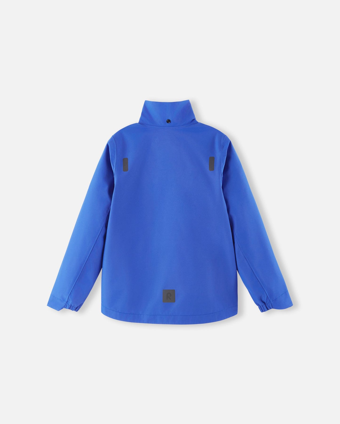 Back view of the sparkly blue Reima Suojala kids waterproof jacket with the hood removed, displaying a high protective collar and upper back reflective patches.