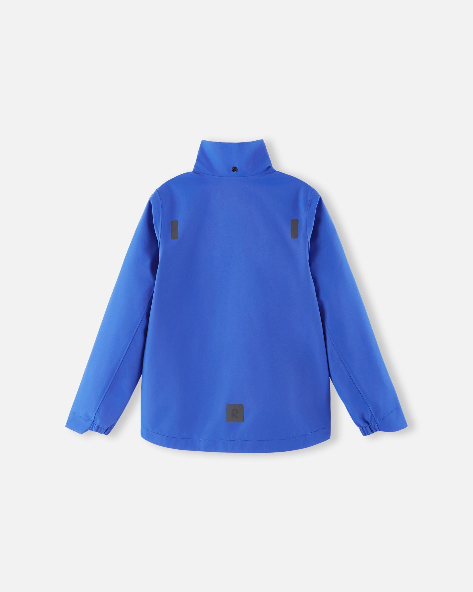 Back view of the sparkly blue Reima Suojala kids waterproof jacket with the hood removed, displaying a high protective collar and upper back reflective patches.
