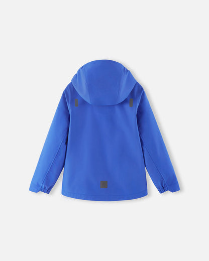 Back view of the sparkly blue Reima Suojala kids waterproof jacket, showing the attached hood and lower back reflective detailing for safety.