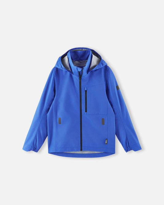 Front view of the Reima Suojala kids waterproof jacket in sparkly blue, featuring a full zip closure and attached protective hood.