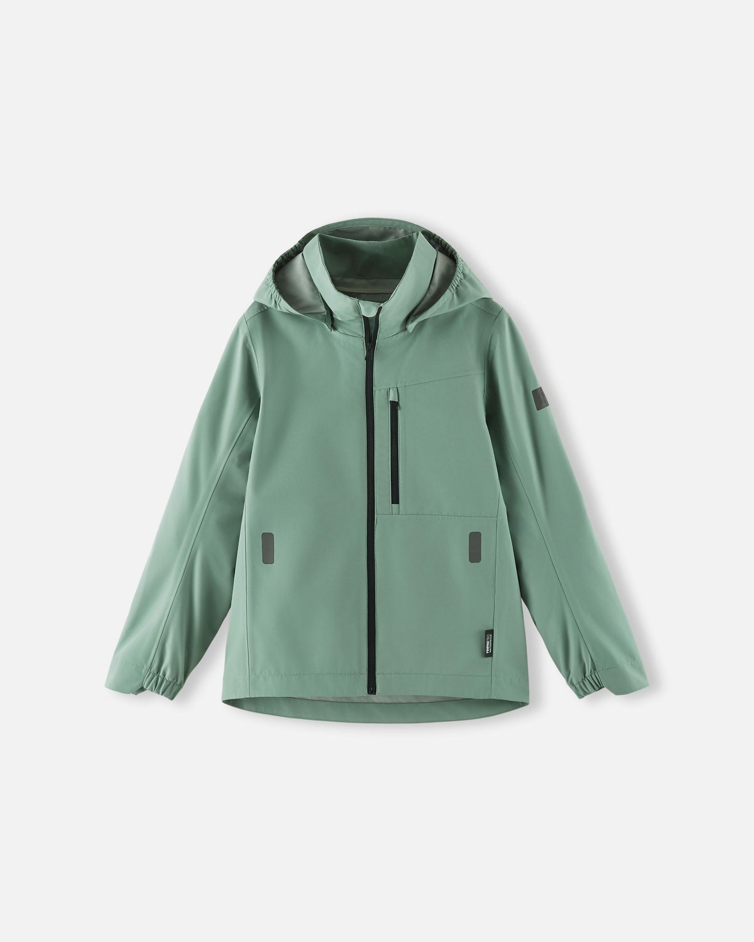 Front view of the Reima Suojala kids' waterproof light shell jacket in stone green, featuring a full-zip front, a safe detachable hood, and a zippered chest pocket for rainy spring and autumn days.