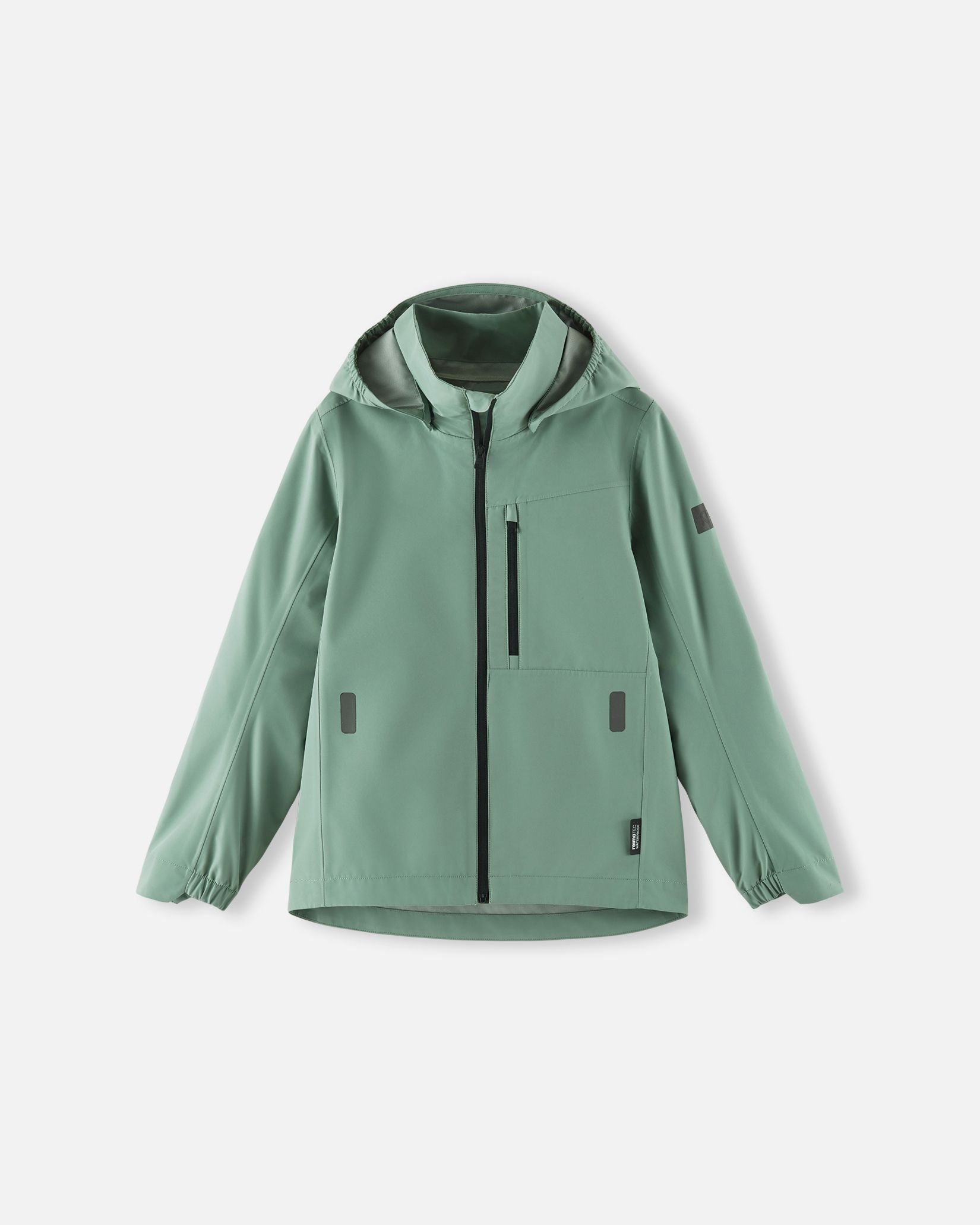 Front view of the Reima Suojala kids' waterproof light shell jacket in stone green, featuring a full-zip front, a safe detachable hood, and a zippered chest pocket for rainy spring and autumn days.