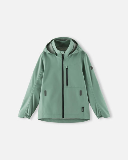 Front view of the Reima Suojala kids' waterproof light shell jacket in stone green, featuring a full-zip front, a safe detachable hood, and a zippered chest pocket for rainy spring and autumn days.