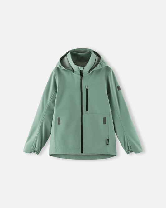Front view of the Reima Suojala kids' waterproof light shell jacket in stone green, featuring a full-zip front, a safe detachable hood, and a zippered chest pocket for rainy spring and autumn days.