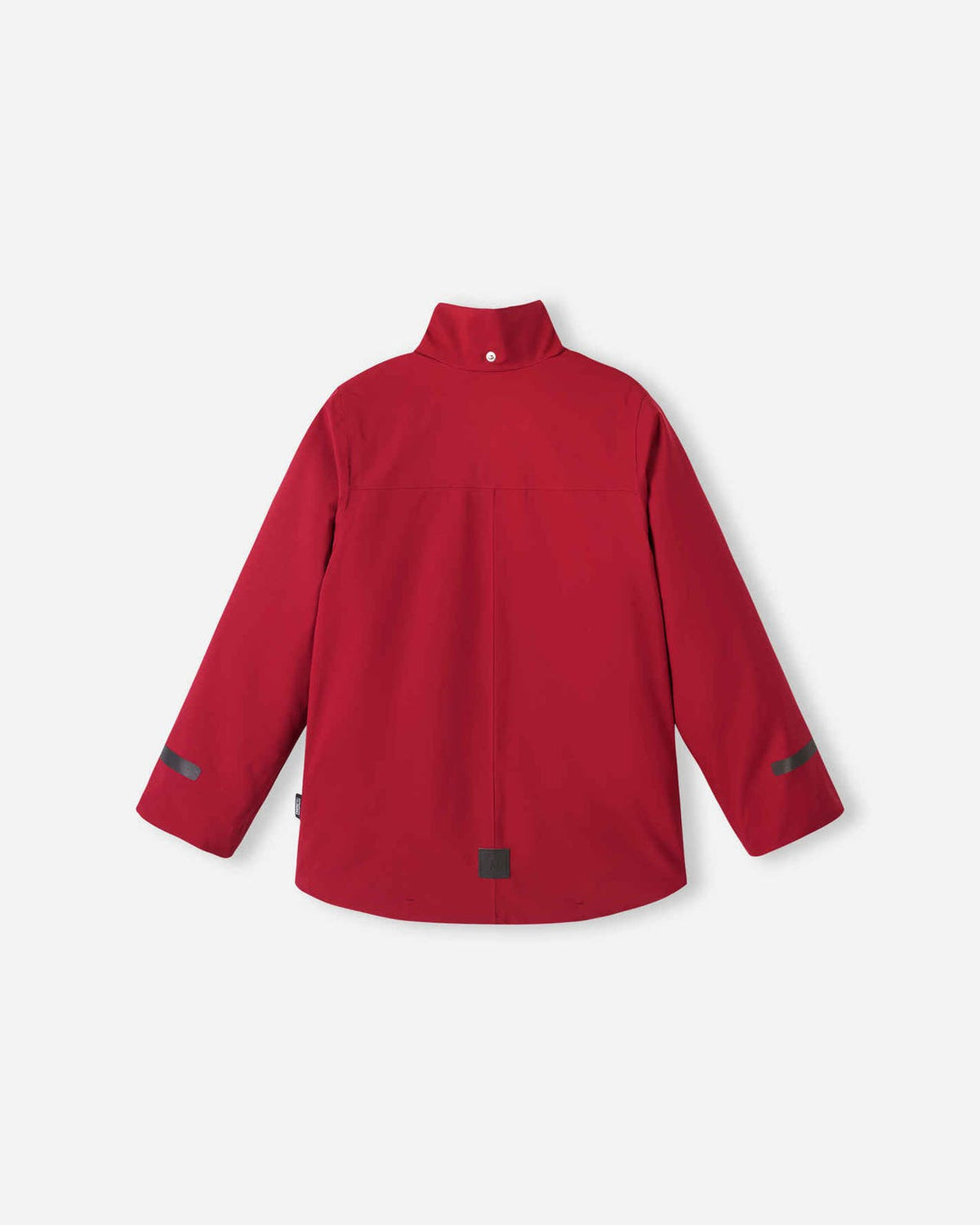Back view of the cranberry red outer shell of the Reima Syddi 3-in-1 kids jacket with the detachable hood removed, showcasing the high protective collar and clean, functional design lines.