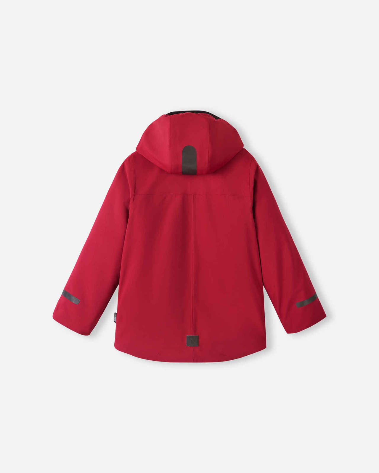 Back view of the cranberry red Reima Syddi 3-in-1 kids jacket, featuring a protective hood, a dropped back hem for extra coverage, and reflective detailing for improved winter visibility.