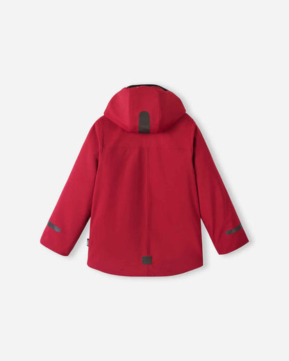 Back view of the cranberry red Reima Syddi 3-in-1 kids jacket, featuring a protective hood, a dropped back hem for extra coverage, and reflective detailing for improved winter visibility.